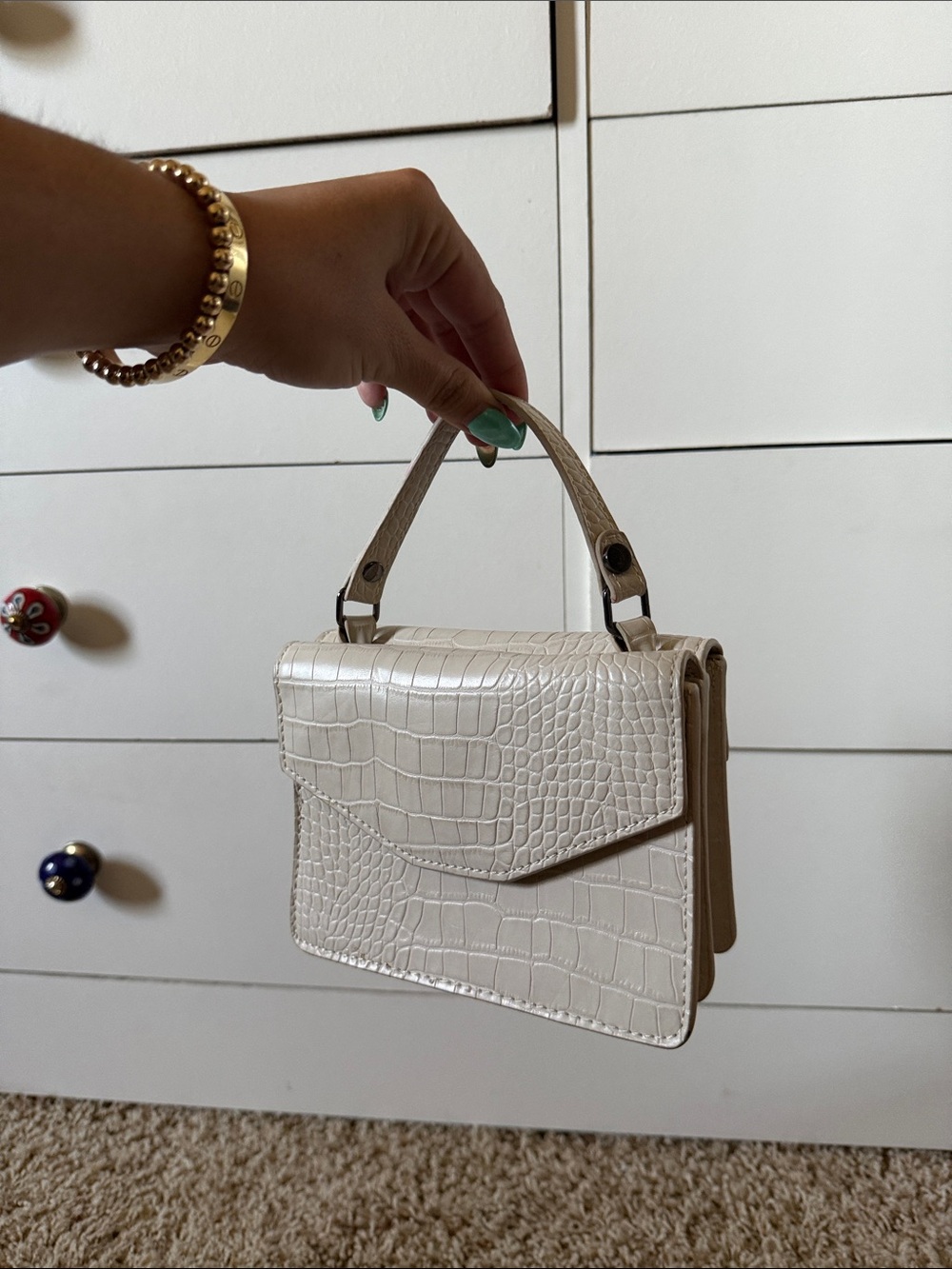 Mini Croc-Embossed Top Handle Bag in Beige